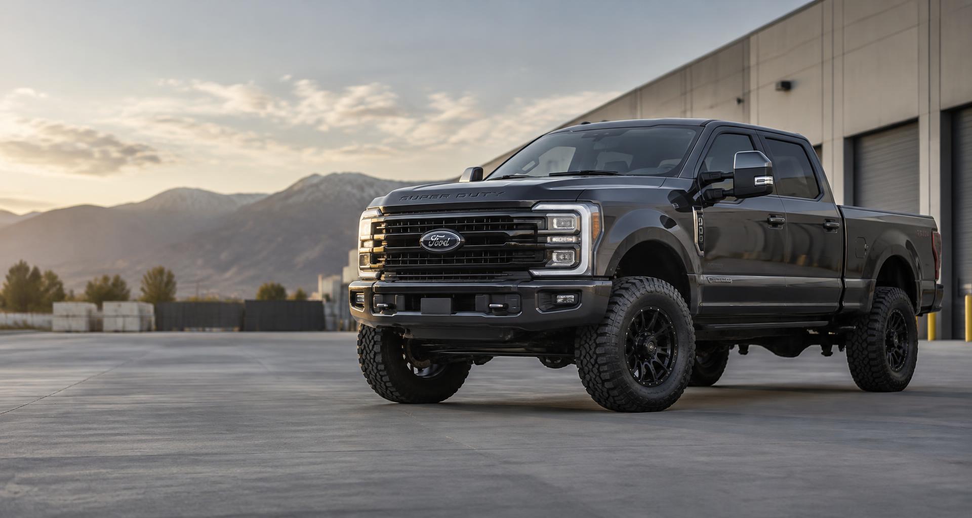 Custom Ford Super Duty truck outside the showroom